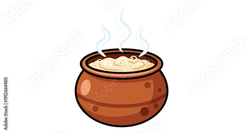 A charming illustrative depiction of a rustic clay pot brimming with a bubbling, steaming liquid, perfect for culinary or mystical themes offering a