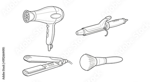 Hair Styling Tools Collection: Hair Dryer, Curling Iron, Straightener, and Brush - Black and White Line Art