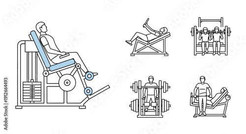 Gym Workout Icons: Leg Press, Bench Press, Shoulder Press, Leg Extension