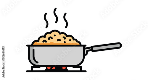 Vibrant minimalist cooking illustration featuring a hot pot on a burner. Steaming, bubbling food suggests freshness and home comfort. Ideal graphic