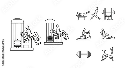 Gym Workout Icons: Exercise Machines, Weights, Cardio Equipment, and People Exercising