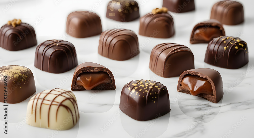 Fototapeta premium Assortment of gourmet chocolate truffles on marble surface close-up