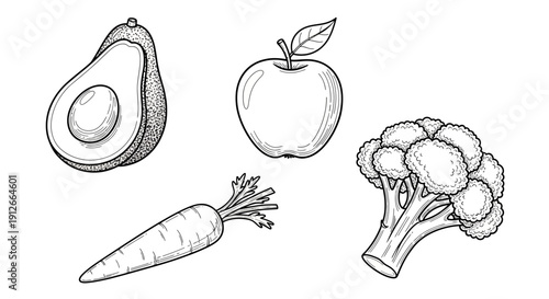 Hand-drawn healthy food illustration: avocado, apple, carrot, and broccoli isolated on white background.