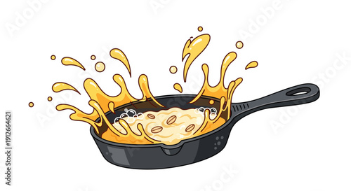 A vibrant cartoon illustration of a sizzling hot skillet with creamy food and peanuts creating a dynamic splash of golden liquid, perfect for