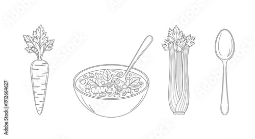 Hand-drawn illustration of a carrot, bowl of soup, celery, and spoon on a white background.