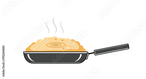 Steaming hot meal freshly prepared in a minimalist black frying pan, showcasing savory ingredients with visible steam rising, symbolizing culinary