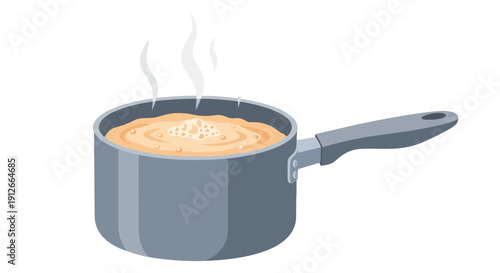 A simmering culinary creation in a sleek grey saucepan, gently bubbling with a warm, light brown liquid emitting soft steam, ideal for diverse