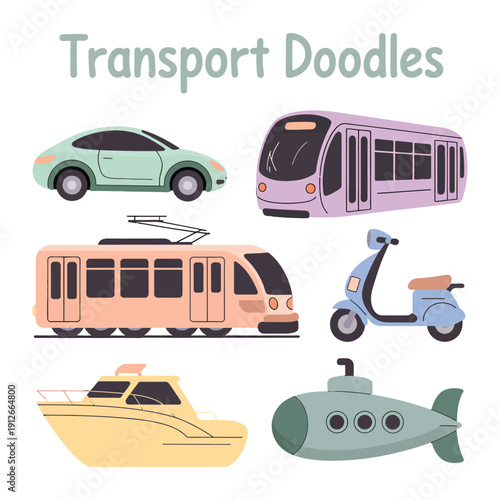 Transport Doodle Collection: a vibrant collection of transport doodles showcasing a variety of vehicles. Capturing the essence of travel and movement.