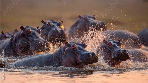 wallowing. Pod of hippos in a muddy watering hole at sunset, golden hour light, serene African landscape. inspiring travel planning.
