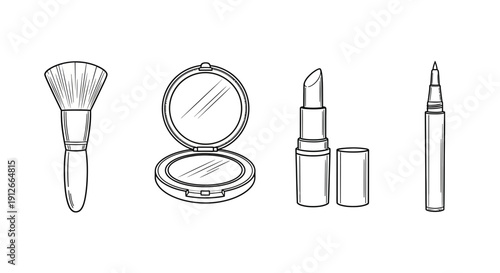 Hand-drawn makeup essentials: brush, compact mirror, lipstick, and eyeliner pen on white background