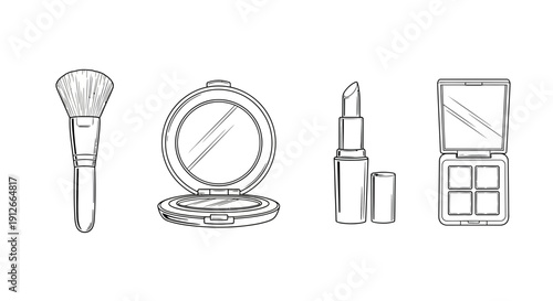 Hand-drawn makeup essentials: brush, compact mirror, lipstick, eyeshadow palette