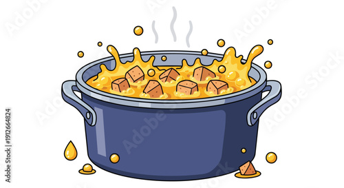 Cartoon cooking pot filled with active bubbling yellow stew and diced ingredients.