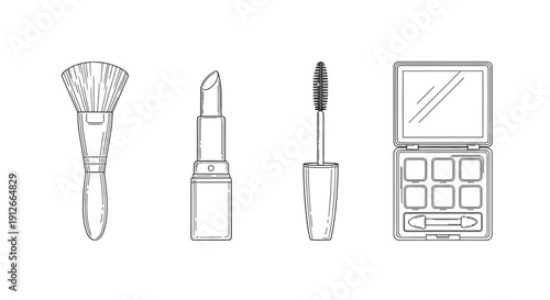 Hand-drawn makeup essentials: brush, lipstick, mascara, eyeshadow palette, beauty tools