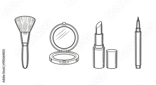 Hand-drawn makeup essentials: brush, powder compact, lipstick, eyeliner pen on white background.