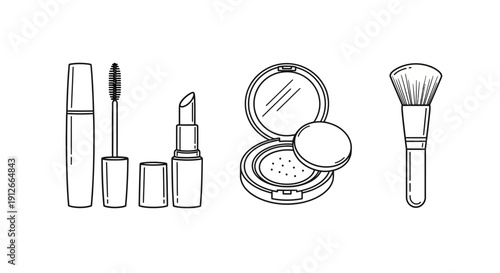 Hand-drawn makeup essentials: mascara, lipstick, powder compact, and brush illustration
