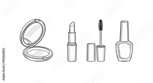 Hand-drawn makeup essentials: lipstick, mascara, compact mirror, and nail polish bottle