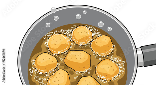 Golden potato pieces boil vigorously in a deep gray saucepan, creating a visual of essential culinary action. This illustration captures simple food