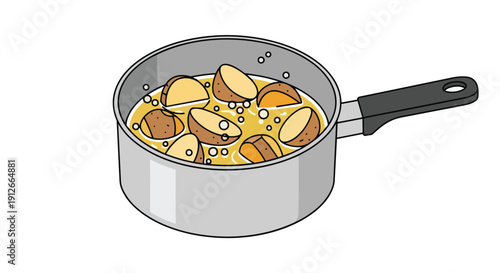 Cartoon illustration of fresh potatoes being cooked in a boiling pot of water, showcasing the initial stages of preparing a delicious home-cooked