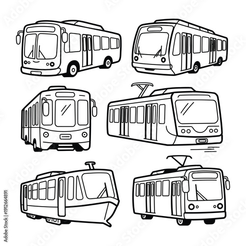 Urban Transport Collection: An artistic representation of various city public transport, showcasing buses and trams, ready to navigate the urban landscape.