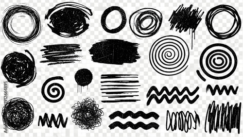 Collection of black ink brush strokes and scribbles on transparent background