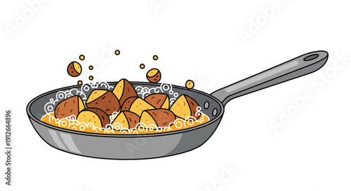 Dynamic illustration of diced potatoes simmering in a pan, bubbly and active