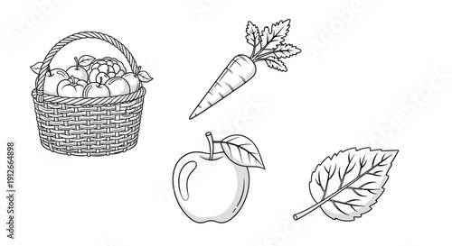 Hand-drawn sketch of a basket of apples, a carrot, an apple, and a leaf, isolated on white background.