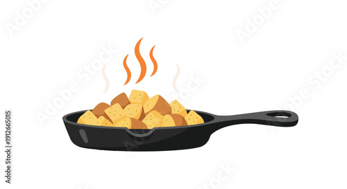 Sizzling Hot Diced Potatoes in Cast Iron Skillet Freshly Prepared Meal