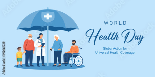 World Health Day 2026 theme banner. Happy World Health Day and Global Action for Universal Health Coverage text. Vector illustration.