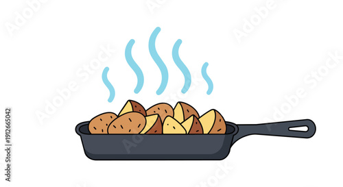 Steaming hot rustic potato wedges cooking in a dark skillet, fresh meal preparation illustration
