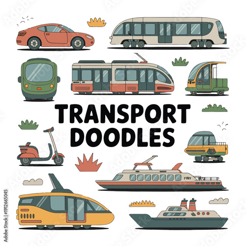 Transportation doodles: A collection of various vehicles illustrated in a doodle style, showcasing a range of transport methods. The image is designed to represent diverse modes of transportation