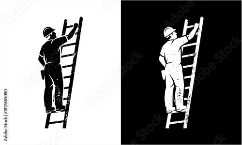 Construction worker climbing ladder for building maintenance and repair.