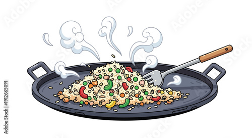 Steaming stir-fried rice with colorful vegetables prepared in a hot wok for a delicious meal