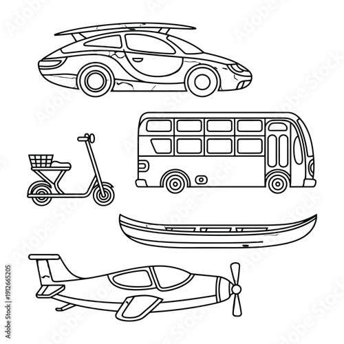 Vehicular Variety in Monochrome: A diverse collection of transportation modes, ranging from an automobile to an airplane, is depicted in a simple, elegant monochrome palette.