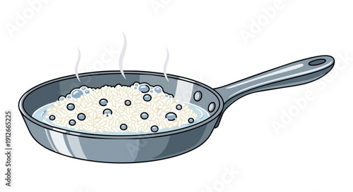 A detailed illustration of a metal pan holding rice grains immersed in simmering water, producing soft steam, capturing a universal culinary process