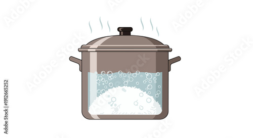 Vibrant illustration showcasing a transparent cooking pot filled with raw rice and water, actively boiling, with steam gently rising from the secure