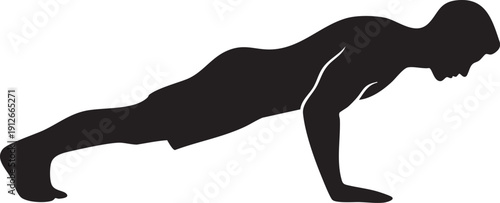 Person in plank position doing a push-up silhouette isolated on white background minimalist fitness workout and strength training illustration