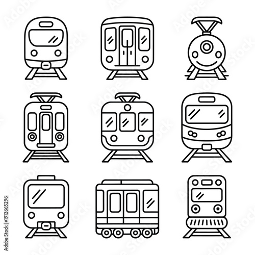 Railway Vehicles: A diverse set of illustrated railway vehicles, from vintage locomotives to modern train cars, each with a unique design, embodying the evolution and variety of rail transport.
