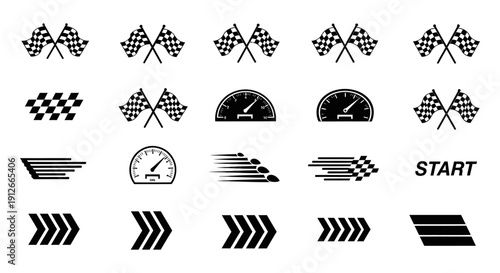 vector racing and speed icons checkered flags speedometers motion lines start ideal for sports auto game design.