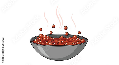 Vibrant illustration of a steaming bowl of rich, bubbly stew with savory droplets ascending, depicting a delicious meal