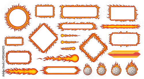 vector pack of flame frames fiery borders and burning sports balls providing dynamic graphics for game sports and power designs.