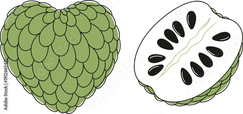 Green heart shaped fruit and cut guava illustration