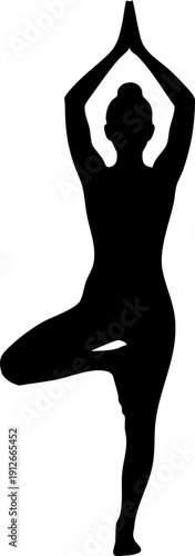 Person in tree pose Vrksasana yoga silhouette isolated on white background minimalist balance and wellness exercise illustration