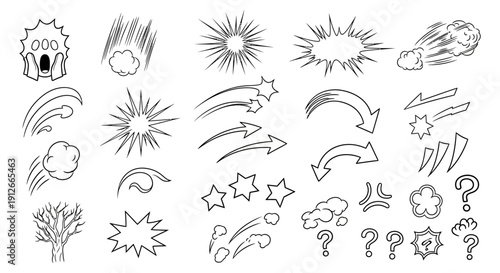 versatile set of black and white comic and manga elements featuring speed lines impact explosion reaction and question marks.