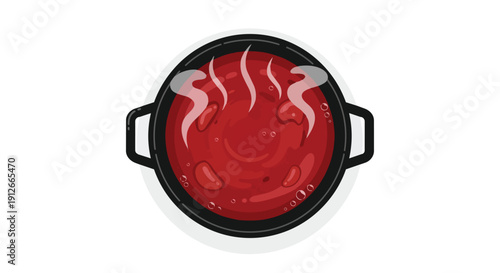 This visual depicts a vibrant red concoction simmering gently in a classic cooking pot with rising steam
