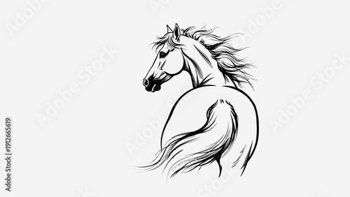 a black and white horse drawing looking back with a flowing mane and tail representing power and freedom for equestrian design.