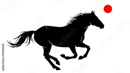a black silhouette horse galloping powerfully against white with a red circle symbolizing speed and great freedom.