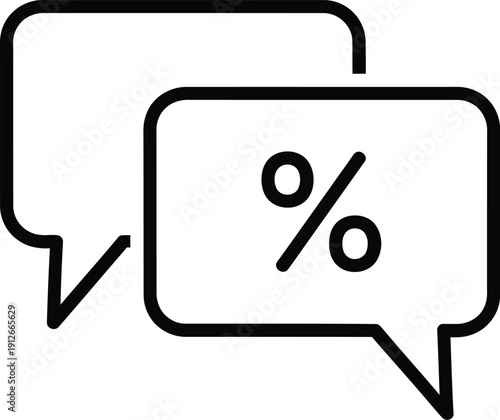 Black line icon of two speech bubbles with a percentage sign inside for discount messages