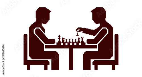 two pixel art silhouettes playing a strategic game of chess one player making a thoughtful move illustrating intellectual competition and leisure.