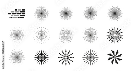 various abstract sunbursts starbursts and radial graphic design elements vector collection for modern creative projects.