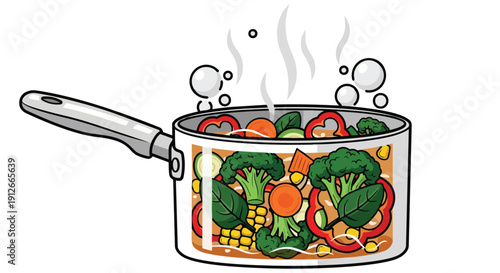 Vibrant garden vegetables simmering in a saucepan, depicting wholesome cooking and healthy meal preparation.